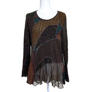 Feratelli Womens Tunic Patchwork Long Sleeve Top Boho Artsy Lagenlook Size L
